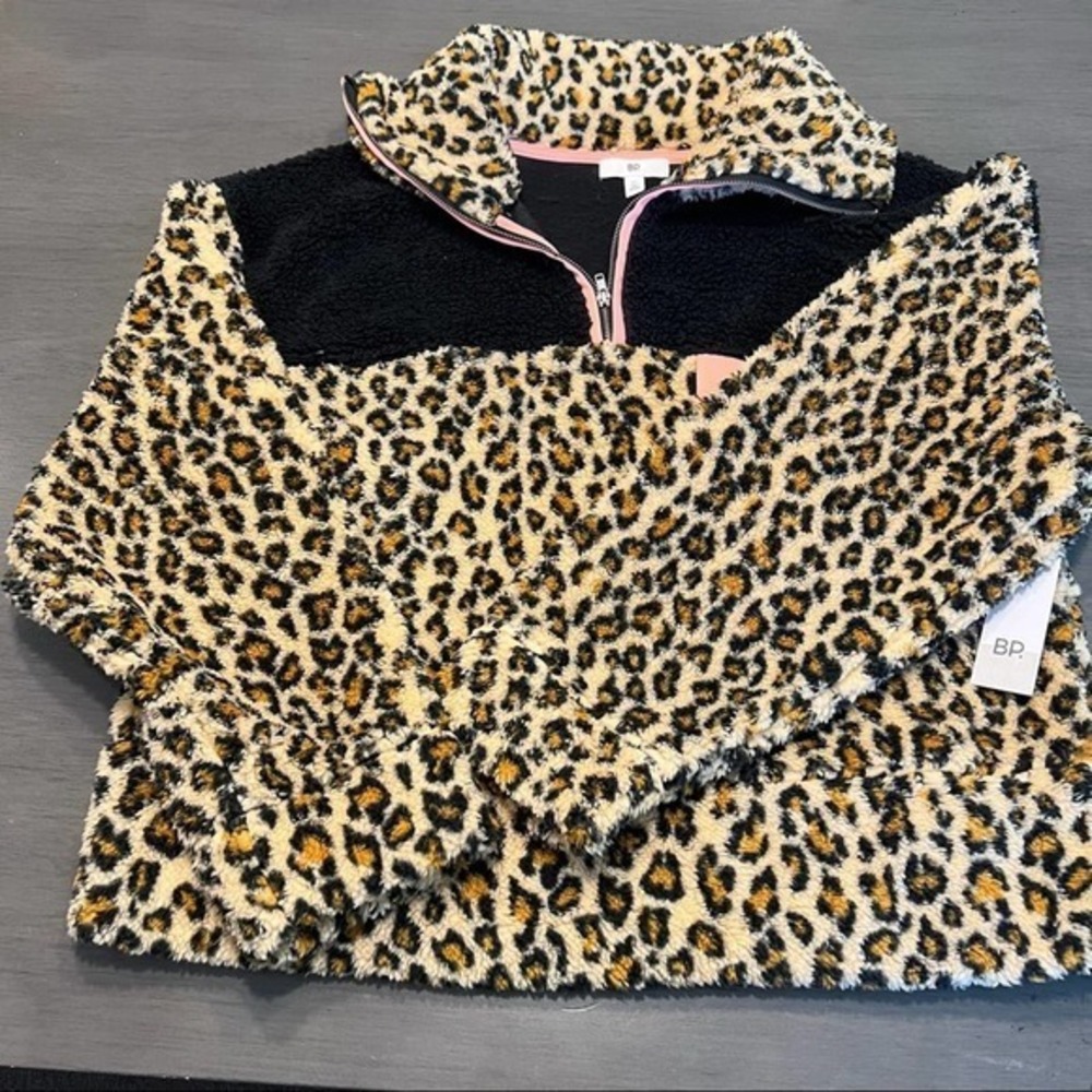 BP. Leopard‎ Print Fuzzy Sherpa Pullover Quarter Zip Black Pink - M